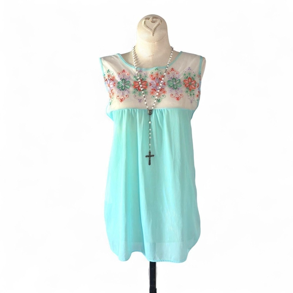 Vintage 1960s Blue Floral Embroidered Chiffon Babydoll Nightie Small - Picture 3 of 8